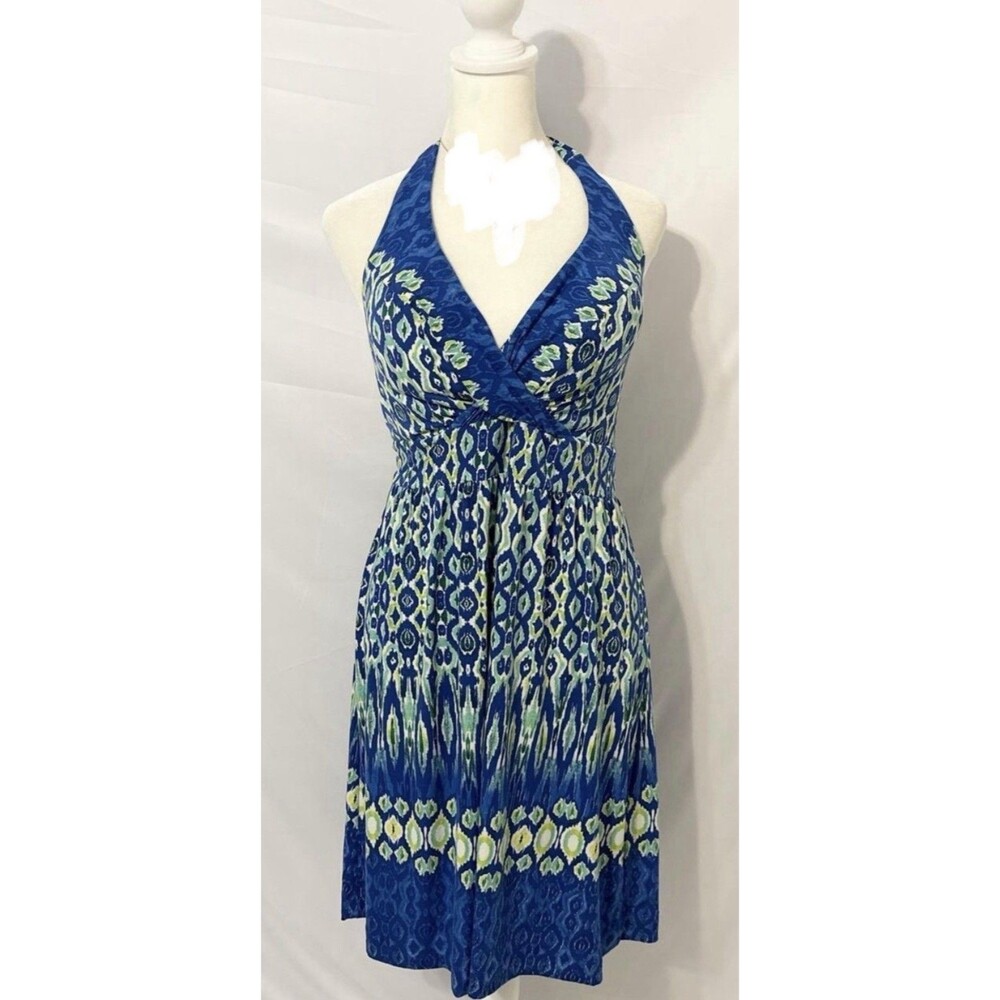 Soma Blue Ikat Halter Dress Soft Stretchy Knee Length build in bra Women’s Sz XL